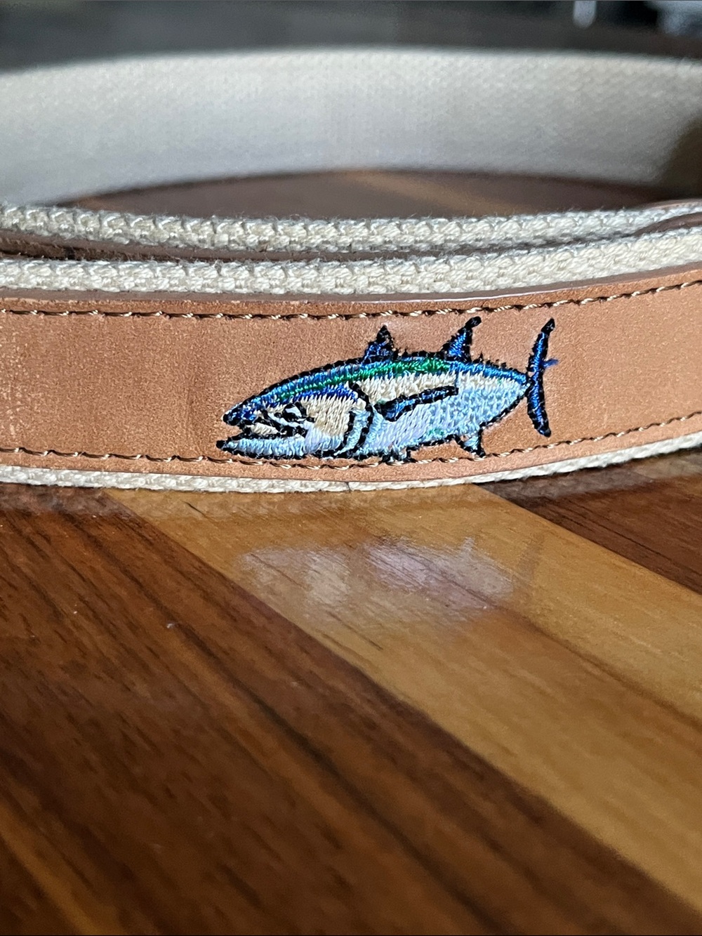 Guy Harvey Tuna Embroidered Leather Belt Sz 38 Solid Brass Coastal